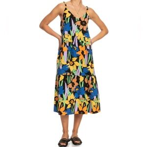 🌻 Roxy Waiting Line Floral Printed Tiered MIDI Dress size Medium Sundress